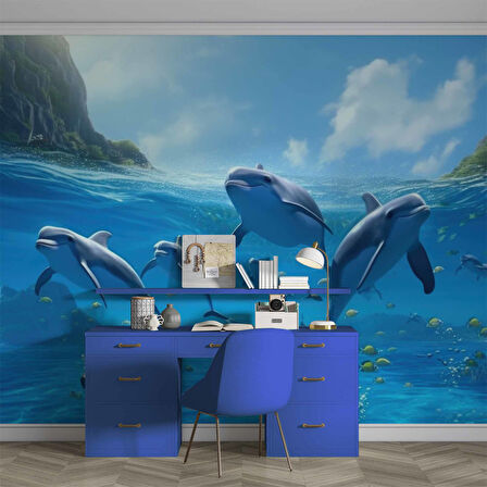 Deniz ve Yunus Balığı Sürüsü Manzaralı Duvar Kağıdı