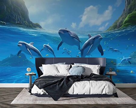 Deniz ve Yunus Balığı Sürüsü Manzaralı Duvar Kağıdı