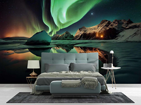 Gece Kutup Işıkları Manzaralı Duvar Kağıdı