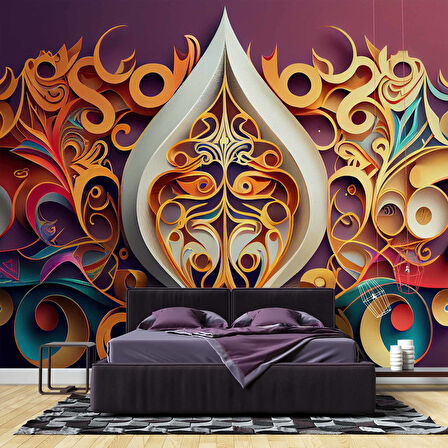 3 Boyutlu Bordo Zemin ve Altın Figür Desenli Duvar Kağıdı