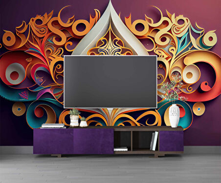 3 Boyutlu Bordo Zemin ve Altın Figür Desenli Duvar Kağıdı