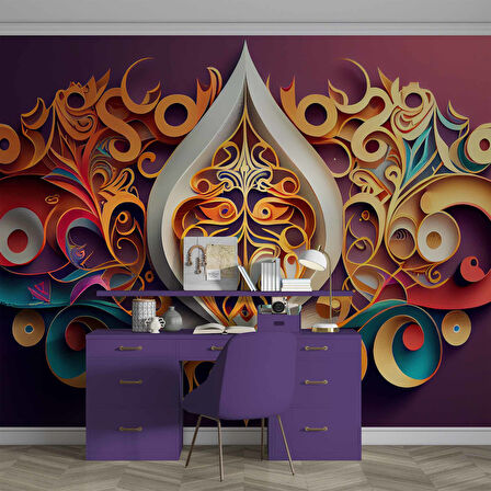 3 Boyutlu Bordo Zemin ve Altın Figür Desenli Duvar Kağıdı