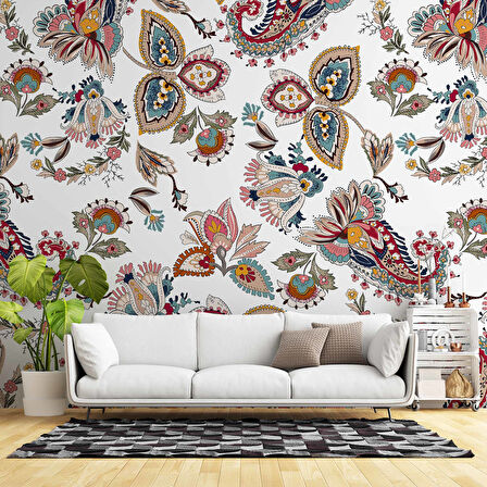 Beyaz Zemin ve Renkli Çiçek Figür Çizim Desenli Duvar Kağıdı