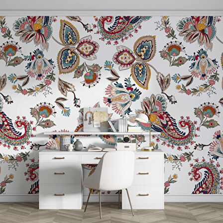 Beyaz Zemin ve Renkli Çiçek Figür Çizim Desenli Duvar Kağıdı