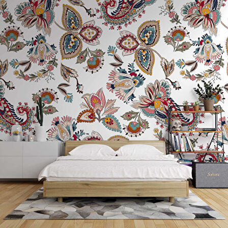 Beyaz Zemin ve Renkli Çiçek Figür Çizim Desenli Duvar Kağıdı