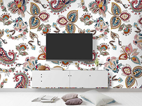 Beyaz Zemin ve Renkli Çiçek Figür Çizim Desenli Duvar Kağıdı