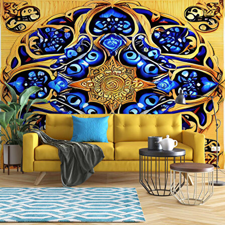 Sarı Lacivert Mandala Desenli Duvar Kağıdı