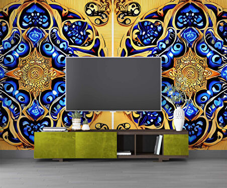 Sarı Lacivert Mandala Desenli Duvar Kağıdı