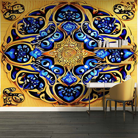 Sarı Lacivert Mandala Desenli Duvar Kağıdı