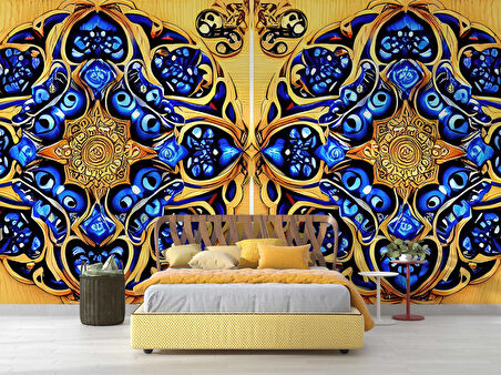 Sarı Lacivert Mandala Desenli Duvar Kağıdı