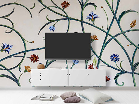 Çini Görünümlü Sarmaşık Çiçek Desenli Duvar Kağıdı