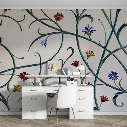 Çini Görünümlü Sarmaşık Çiçek Desenli Duvar Kağıdı