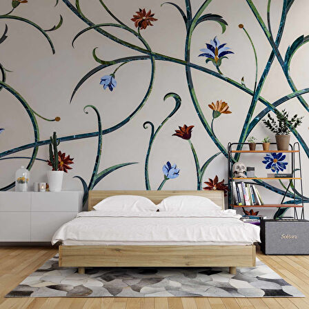 Çini Görünümlü Sarmaşık Çiçek Desenli Duvar Kağıdı