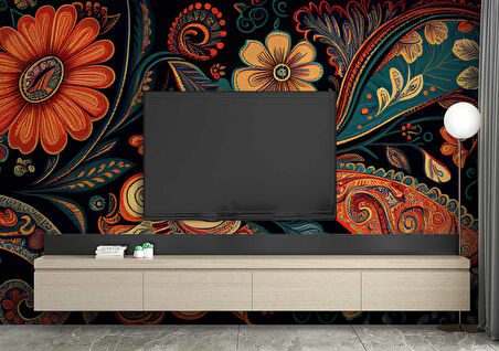 Kırmızı Yeşil Çiçek Çizimi Desenli Duvar Kağıdı