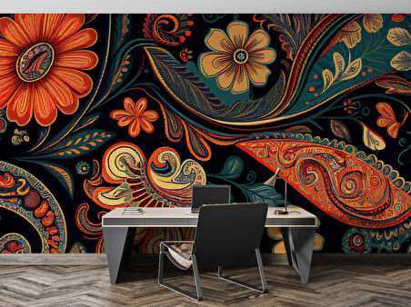 Kırmızı Yeşil Çiçek Çizimi Desenli Duvar Kağıdı