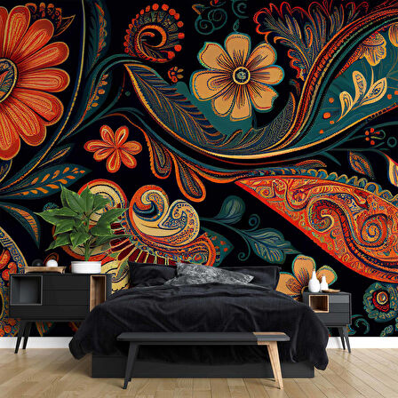 Kırmızı Yeşil Çiçek Çizimi Desenli Duvar Kağıdı