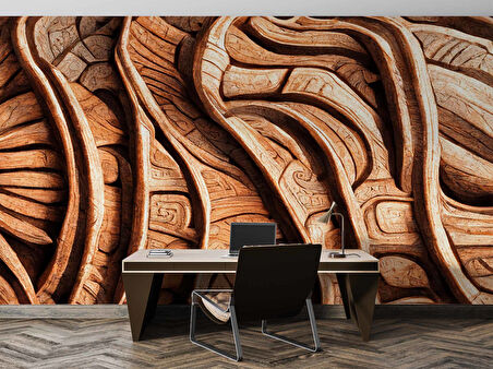 3 Buyutlu Ağaç Oyma Desenli Duvar Kağıdı