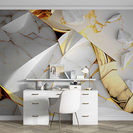 3 Buyutlu Beyaz Mermer ve Altın Kaplama Desenli Duvar Kağıdı