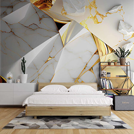 3 Buyutlu Beyaz Mermer ve Altın Kaplama Desenli Duvar Kağıdı