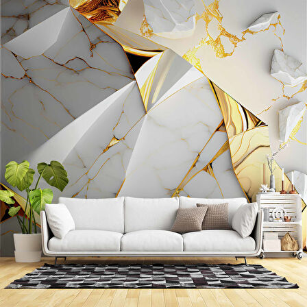 3 Buyutlu Beyaz Mermer ve Altın Kaplama Desenli Duvar Kağıdı