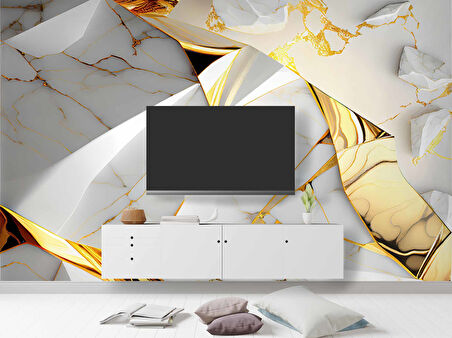 3 Buyutlu Beyaz Mermer ve Altın Kaplama Desenli Duvar Kağıdı