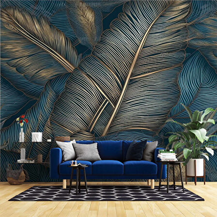 Mavi Tonlu Altın Yaprak Desenli Duvar Kağıdı