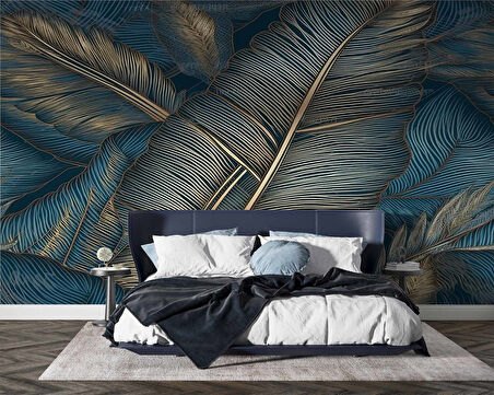 Mavi Tonlu Altın Yaprak Desenli Duvar Kağıdı