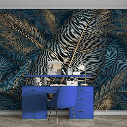 Mavi Tonlu Altın Yaprak Desenli Duvar Kağıdı