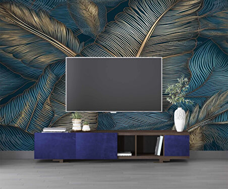 Mavi Tonlu Altın Yaprak Desenli Duvar Kağıdı