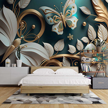 3 Boyutlu Beyaz Çiçek ve Kelebek Desenli Duvar Kağıdı