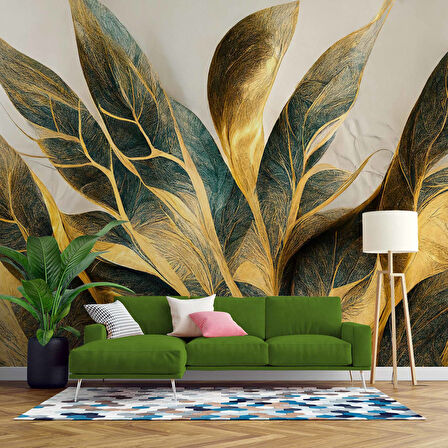 Altın Yaprak Çizim Desenli Duvar Kağıdı