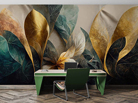 Yeşil Altın Yaprak Çizim Desenli Duvar Kağıdı