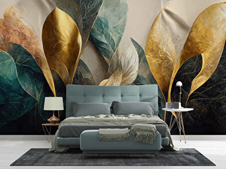 Yeşil Altın Yaprak Çizim Desenli Duvar Kağıdı