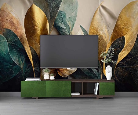 Yeşil Altın Yaprak Çizim Desenli Duvar Kağıdı