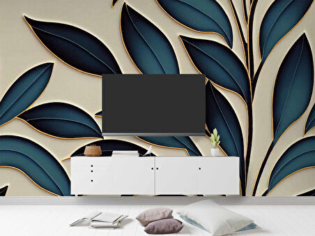 Mavi Yaprak İşleme Desenli Duvar Kağıdı