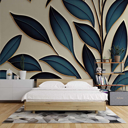 Mavi Yaprak İşleme Desenli Duvar Kağıdı