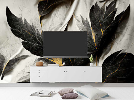 Siyah Beyaz Yaprak Çizim Desenli Duvar Kağıdı