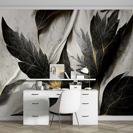 Siyah Beyaz Yaprak Çizim Desenli Duvar Kağıdı