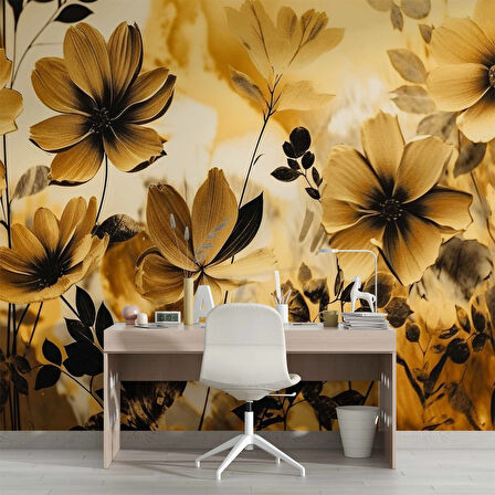 Sarı Çiçek Çizim Desenli Duvar Kağıdı