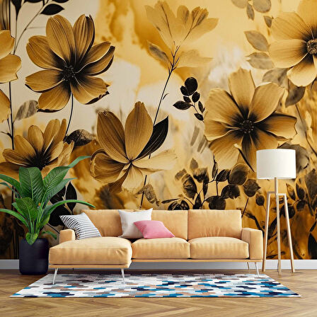 Sarı Çiçek Çizim Desenli Duvar Kağıdı