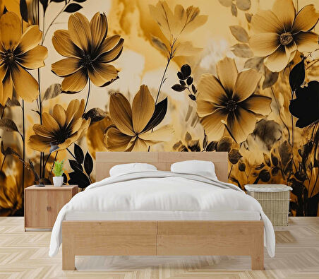 Sarı Çiçek Çizim Desenli Duvar Kağıdı