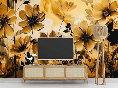 Sarı Çiçek Çizim Desenli Duvar Kağıdı