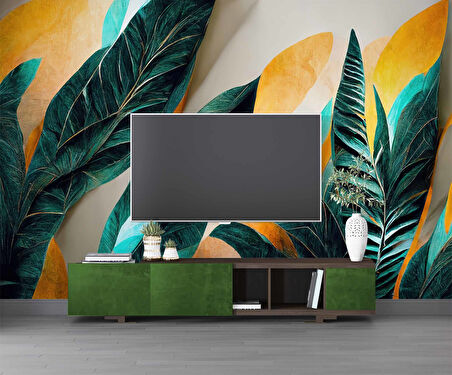 Yeşil Sarı Yaprak Çizim Desenli Duvar Kağıdı