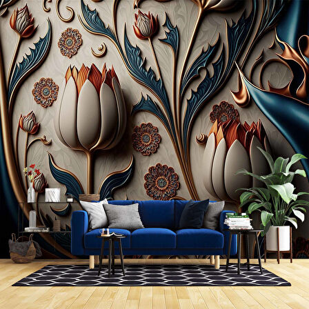 3 Boyutlu Beyaz Lale Desenli Duvar Kağıdı