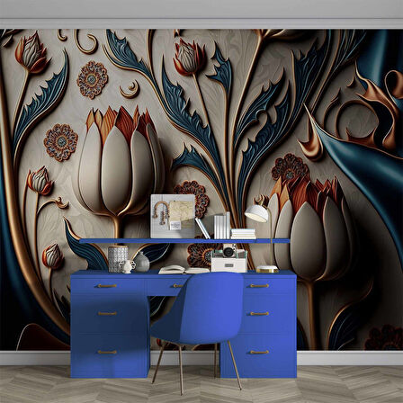 3 Boyutlu Beyaz Lale Desenli Duvar Kağıdı