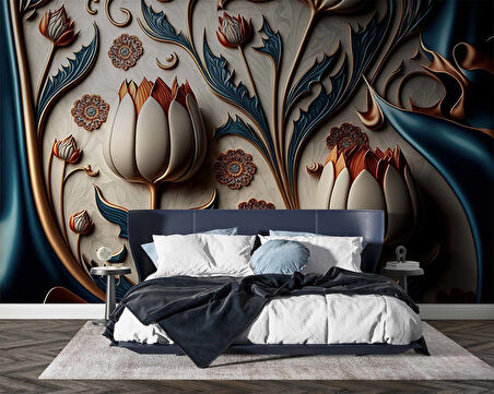 3 Boyutlu Beyaz Lale Desenli Duvar Kağıdı