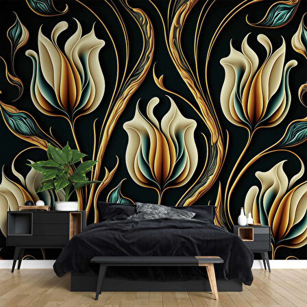 3 Boyutlu Sarı Çiçek Desenli Duvar Kağıdı