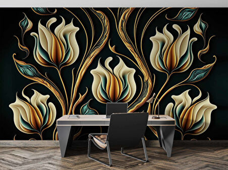 3 Boyutlu Sarı Çiçek Desenli Duvar Kağıdı