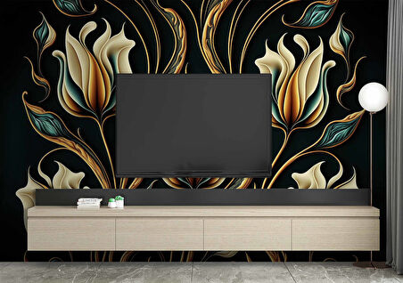 3 Boyutlu Sarı Çiçek Desenli Duvar Kağıdı