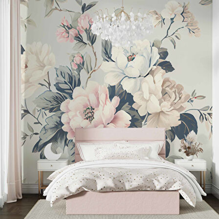 Soft Mavi Pembe Çiçek Desenli Duvar Kağıdı